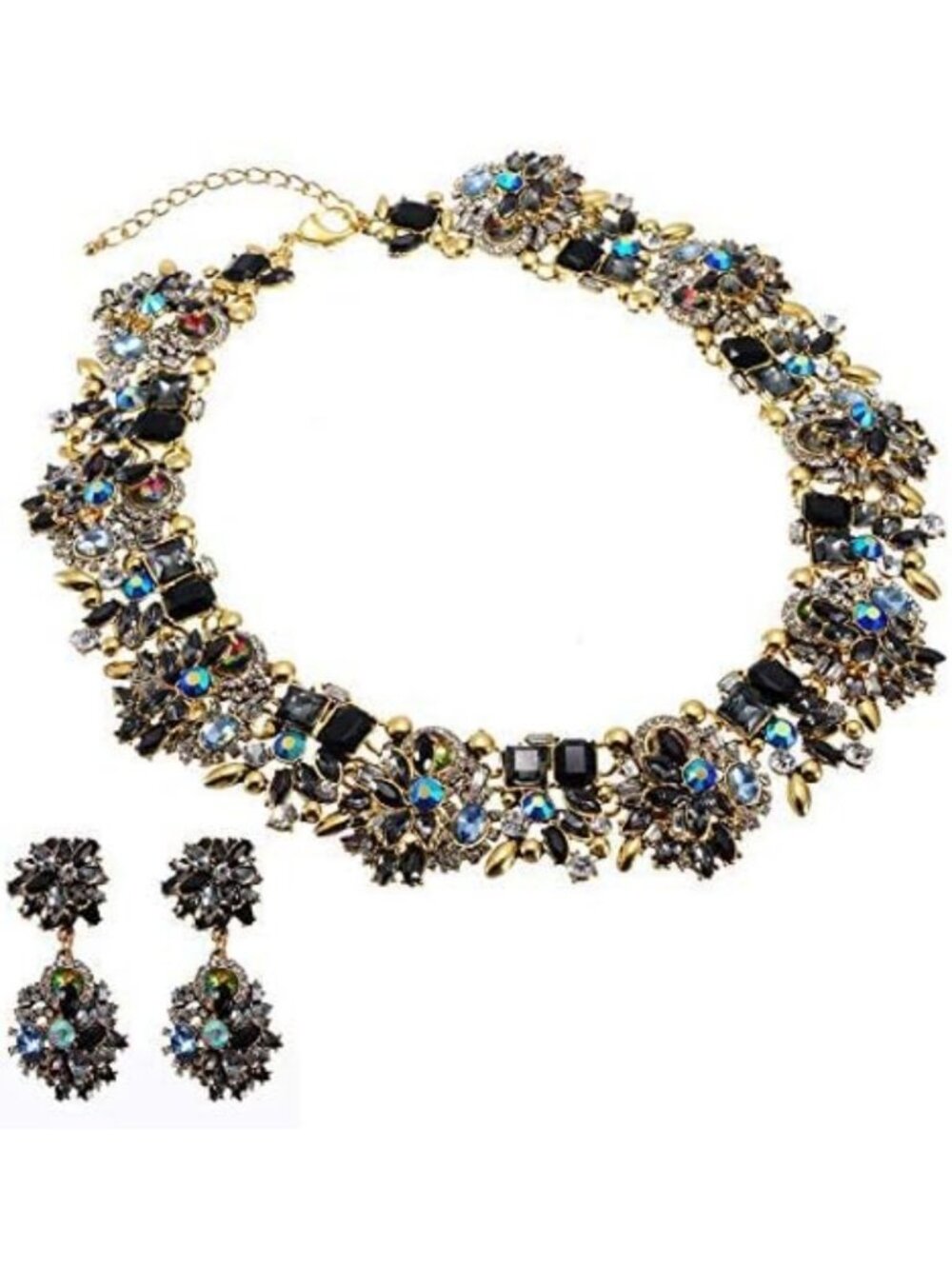 Vintage Crystal Rhinestone Statement Necklace & Earring Set - Chic Costume